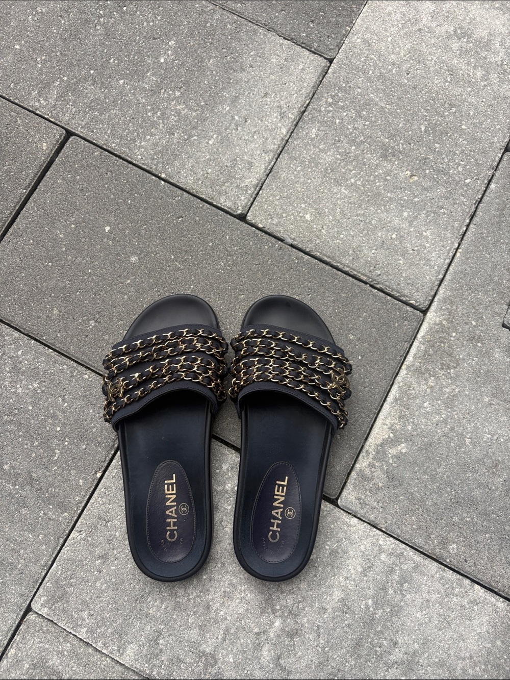 CHANEL Black Slide Mules with Gold Chain Straps